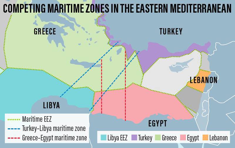 Map shows competing maritime borders according to agreements made by Athens and Cairo, Tripoli and Ankara