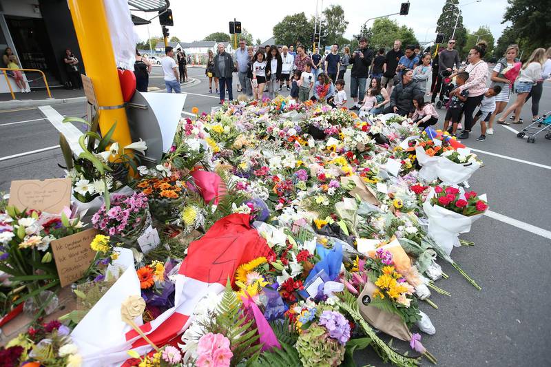 The floral tributes grow near the Al Noor mosque on Deans Rd in Christchurch, New Zealand. Getty