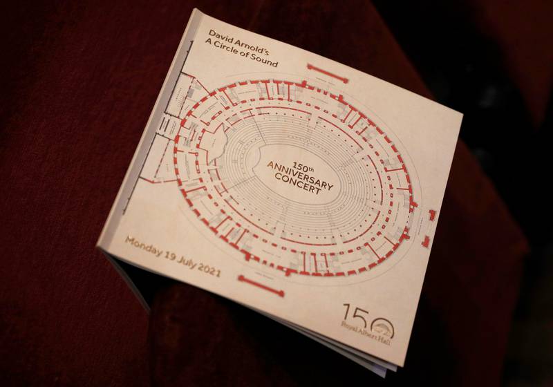 A programme for the 150th Anniversary Concert: David Arnold's 'A Circle of Sound', is seen on a seat at the Royal Albert Hall in London, Britain, July 19, 2021