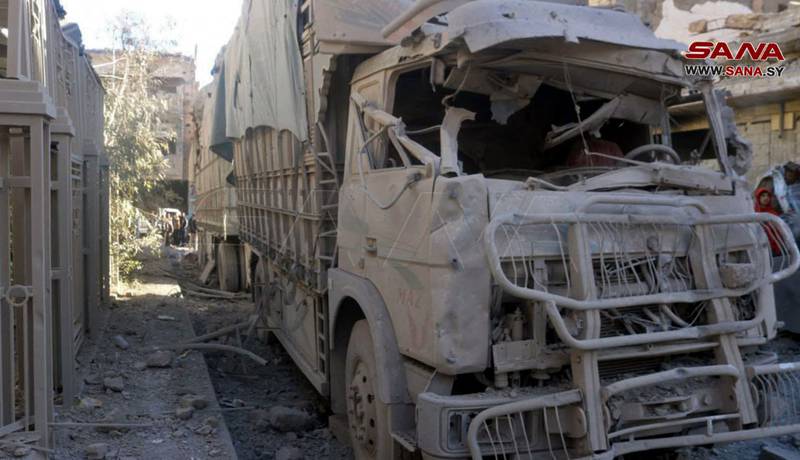 Damage caused by a drone strike which killed four people in the government-held city of Deir ez Zor, eastern Syria. AFP