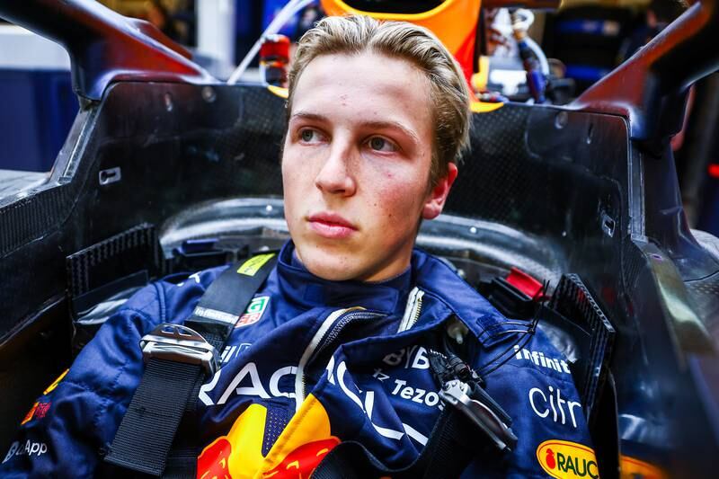 Red Bull reserve driver Liam Lawson has a seat fitting in the Red Bull Racing garage. Getty