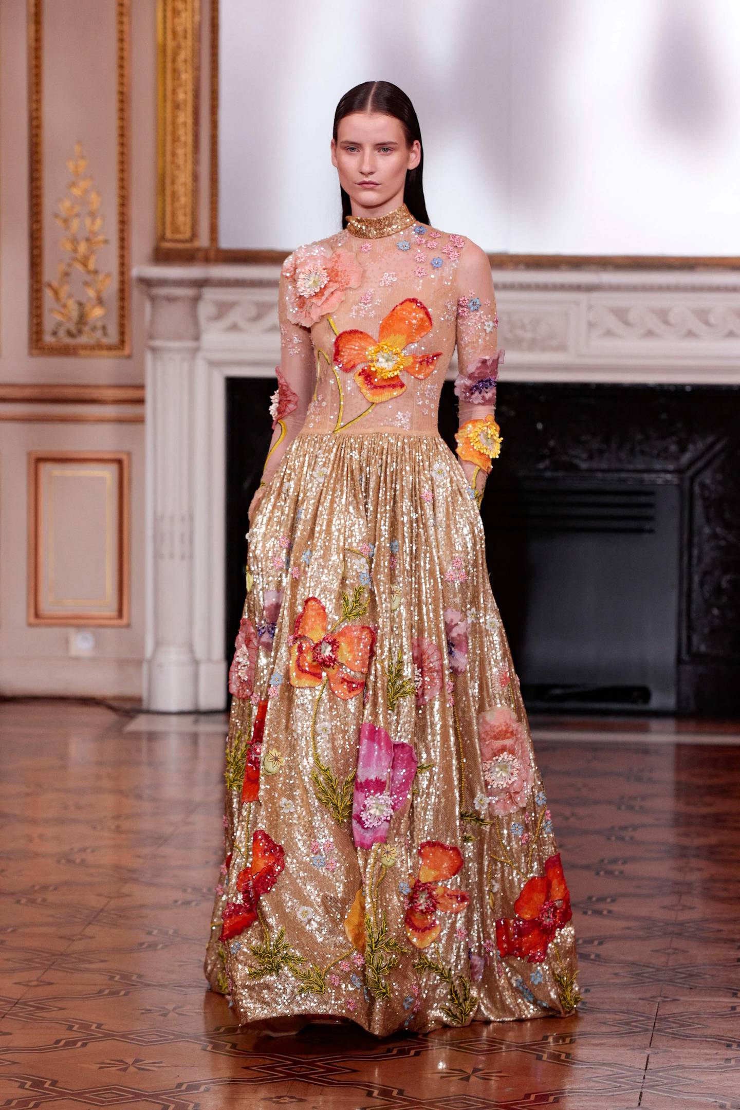 Flower-strewn looks at Rahul Mishra haute couture autumn/winter 2022-2023. AFP