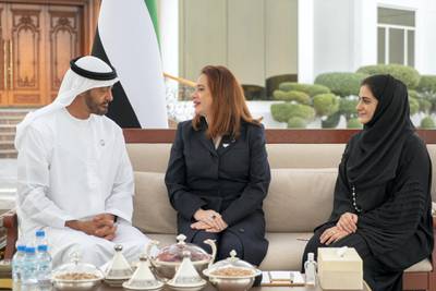 ABU DHABI, UNITED ARAB EMIRATES - February 11, 2019: HH Sheikh Mohamed bin Zayed Al Nahyan, Crown Prince of Abu Dhabi and Deputy Supreme Commander of the UAE Armed Forces (L), receives Maria Fernanda Espinosa, President of the United Nations General Assembly (C), during a Sea Palace barza. 

( Rashed Al Mansoori / Ministry of Presidential Affairs )
---