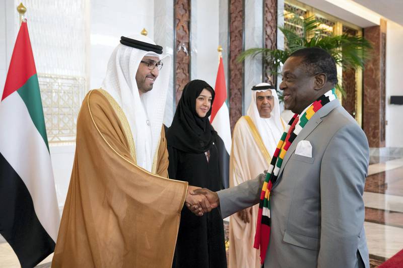 ABU DHABI, UNITED ARAB EMIRATES - March 16, 2019:  HE Dr Sultan Ahmed Al Jaber, UAE Minister of State, Chairman of Masdar and CEO of ADNOC Group (L) greets HE Emmerson Mnangagwa, President of Zimbabwe (R), during a reception at the Presidential Airport. 

( Ryan Carter for the Ministry of Presidential Affairs )
---