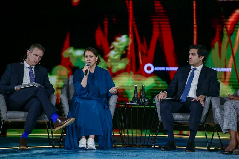 Mariam Al Mheiri, Minister of Climate Change and Environment, and Ahmed El Hoshy, chief executive of Fertiglobe, right, in a panel discussion titled A Manifesto for Food Systems at Abu Dhabi Sustainability Week in Adnec, Abu Dhabi. Khushnum Bhandari / The National