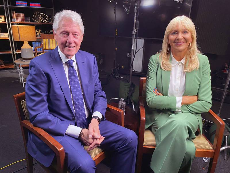RTE television presenter Miriam O'Callaghan with former US president Bill Clinton, who appeared on Prime Time in April to mark 25 years of the agreement. PA