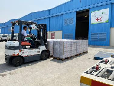 Workers load 30 tonnes of aid into two aircraft to be sent to Beirut to help in the recovery following a massive blast that tore through the Lebanese capital this month. Courtesy: Dubai Media Office