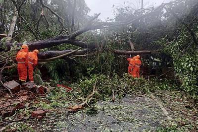 India’s National Disaster Response Force clears trees from a road in Margao, Goa, on Sunday after Cyclone Tauktae caused chaos. AFP