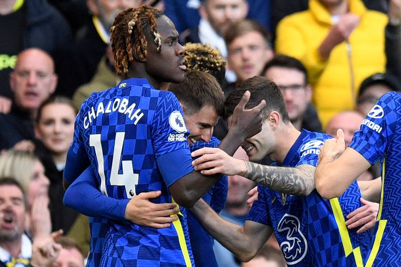 Chelsea midfielder Mason Mount celebrates with teammates after scoring the opening goal in the 3-0 Premier League victory against Leeds United at Elland Road. AFP