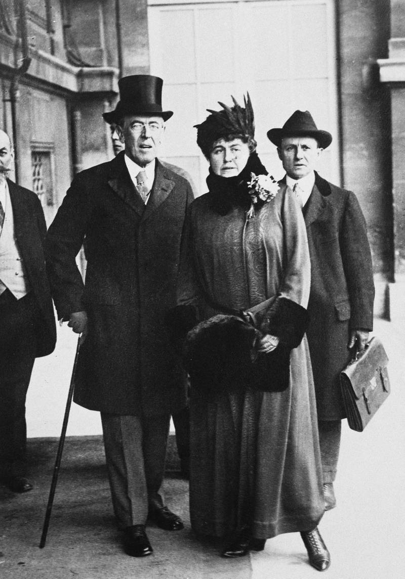 1919:  Woodrow Wilson (1856 - 1924, left) the 28th President of the United States with his wife Edith at the Versailles Peace Conference. The senate later rejected the Treaty of Versailles.  (Photo by Hulton Archive/Getty Images)