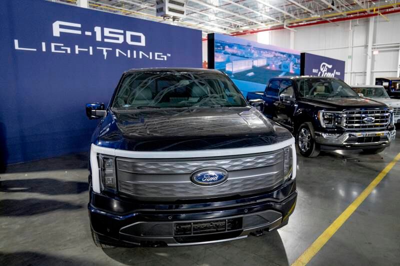 A Ford F-150 Lightning pickup at its launch at the Rouge Electric Vehicle Centre in Dearborn, Michigan. EPA