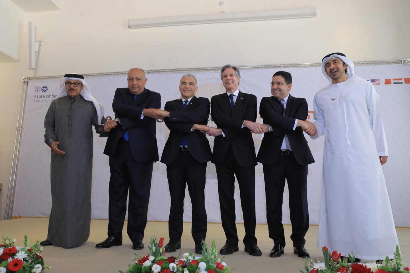 US Secretary of State Antony Blinken, third right, with foreign ministers of Israel, Bahrain, Morocco, Egypt and the UAE during a landmark regional summit hosed by Israel in the southern Negev Desert. EPA