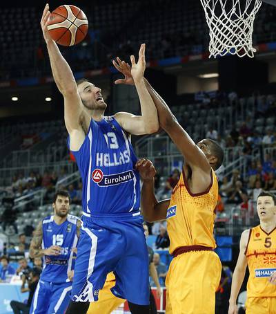 Greece's Kostas Koufos of the Sacramento Kings goes up for a rebound against Macedonia on Saturday at EuroBasket 2015. Antonio Bat / EPA