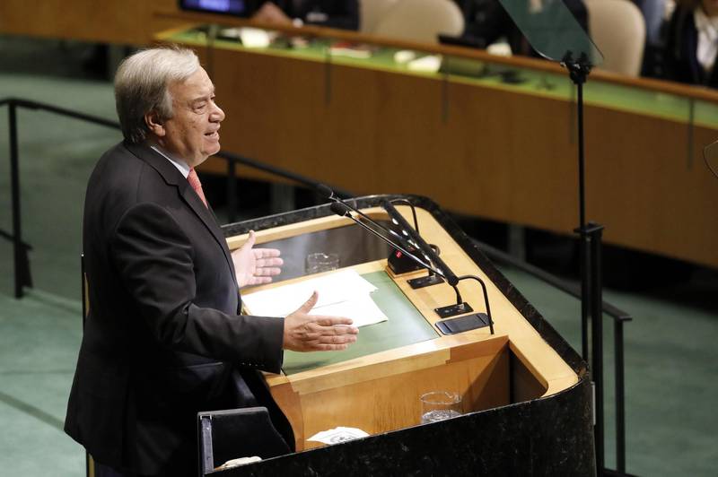epa07045893 United Nations Secretary General Antonio Guterres speaks to open the General Debate of the General Assembly of the United Nations at United Nations Headquarters in New York, New York, USA, 25 September 2018. The General Debate of the 73rd session begins on 25 September 2018.  EPA/PETER FOLEY