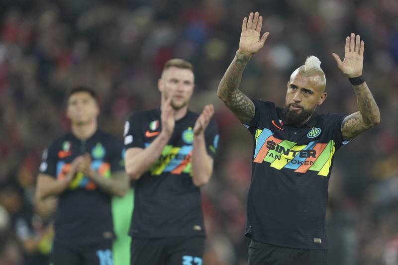 Inter Milan's Arturo Vidal applauds fans at the end of the match. AP