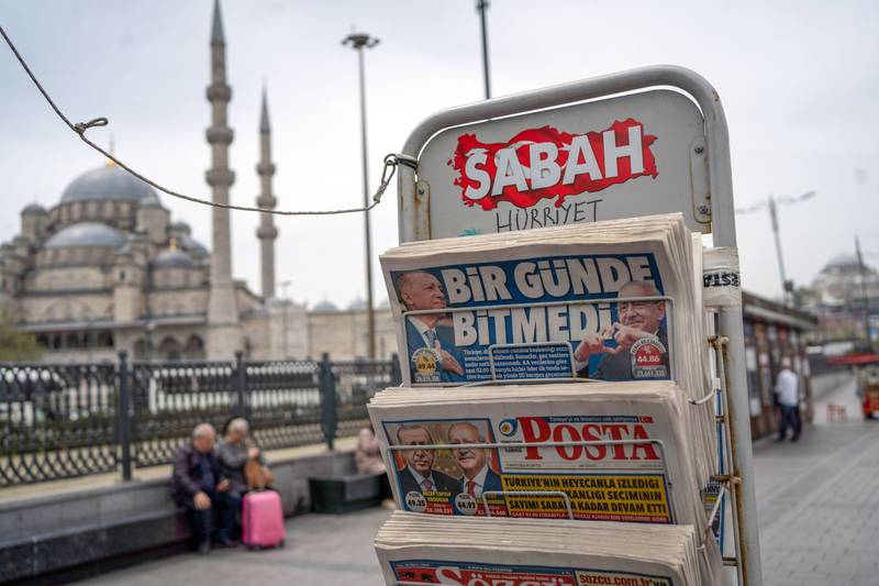Turkish newspaper reports on the presidential election results in Istanbul, on May 15. Bloomberg