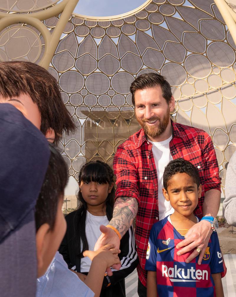 Expo 2020 ambassador Lionel Messi meets UAE school pupils at Al Wasl Plaza at the Expo 2020 Dubai site. Courtesy Expo 2020 Dubai