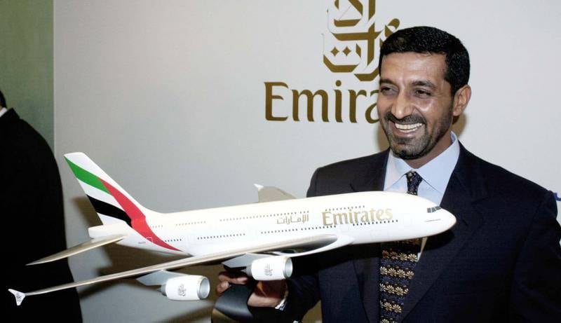 Emirates chairman Sheikh Ahmed bin Saeed Al Maktoum holds a model of the Airbus Industrie's new A3XX superjumbo jet at the Farnborough Air Show, July 24, 2000. Emirates airline is buying 10 of the jets from Airbus Industrie in a deal worth more than $1.5 billion. PA Images via Reuters