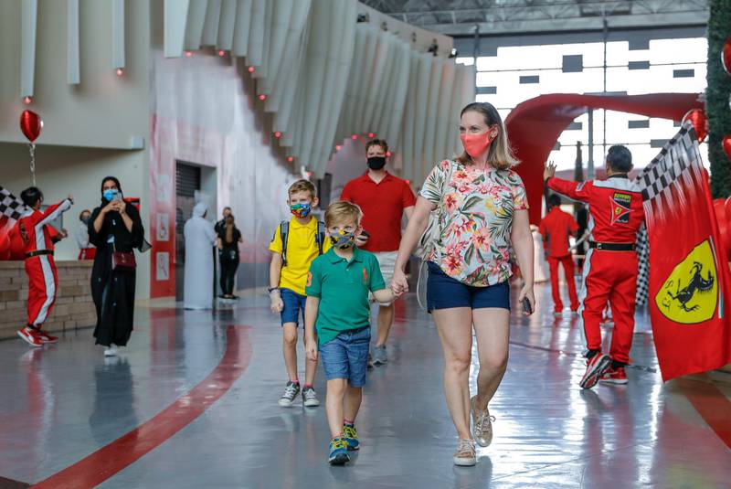 Abu Dhabi, United Arab Emirates, July 28, 2020.   Visitors arrive on the first day of the reopening of Ferrari World, Abu Dhabi.  Victor Besa  / The NationalSection: NAReporter: