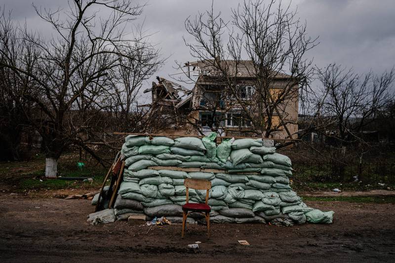 A military sandbag emplacement in the village of Davydiv Brid, in Kherson region, amid the Russian invasion of Ukraine. AFP