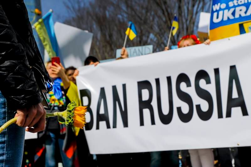 People participate in the #StandWithUkraine protest rally against the Russian invasion of Ukraine in Atlanta, Georgia, on Saturday. EPA