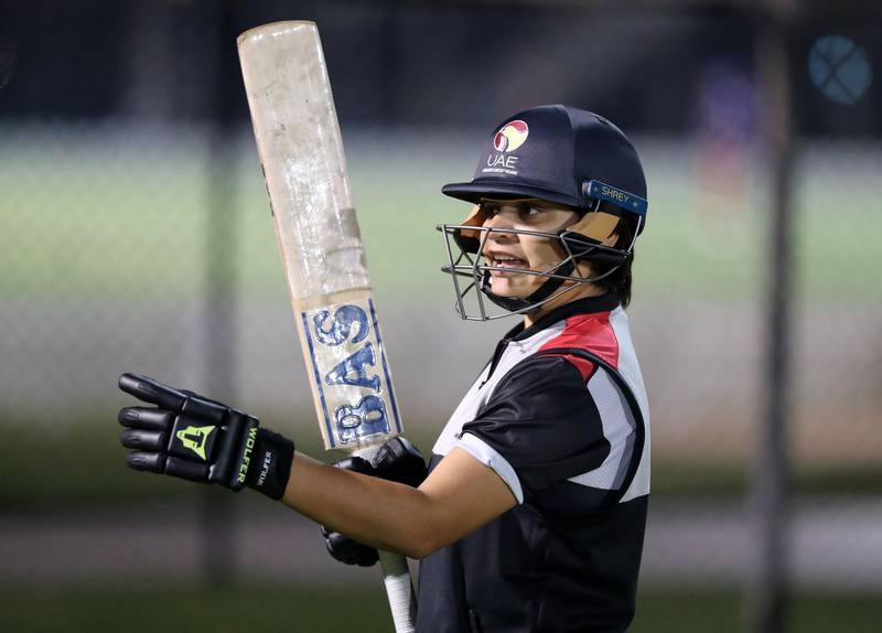 Dubai, United Arab Emirates - Reporter: Paul Radley. Sport. Chaya Mughal bats in the nets. UAE's leading women's players training before their T10 exhibition match next week. Wednesday, March 31st, 2021. Dubai. Chris Whiteoak / The National