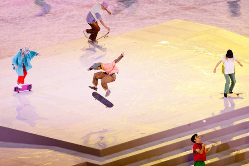 Skateboarders perform during the closing ceremony of the Tokyo 2020 Olympic Games.