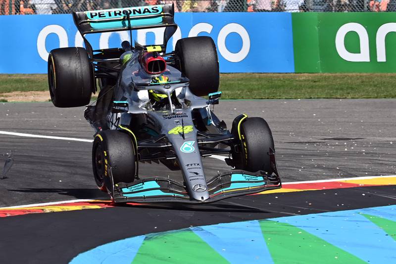 Mercedes' British driver Lewis Hamilton crashes during the Belgian Formula One Grand Prix at Spa. AFP