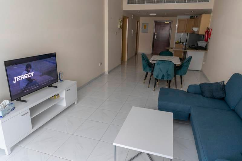 The living room area in Karan Thawrani's one-bedroom apartment in Desert Rose Apartments, Bur Dubai.

