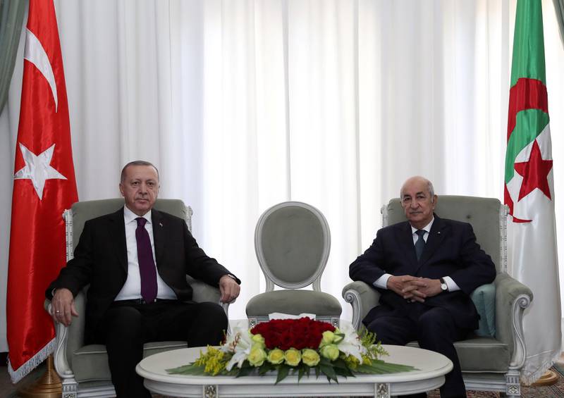 Turkish President Tayyip Erdogan meets with Algerian President Abdelmadjid Tebboune in Algiers, Algeria, January 26, 2020. Murat Cetinmuhurdar/Turkish Presidential Press Office/Handout via REUTERS ATTENTION EDITORS - THIS PICTURE WAS PROVIDED BY A THIRD PARTY. NO RESALES. NO ARCHIVE
