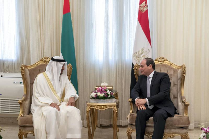 ALEXANDRIA, EGYPT - March 27, 2019: HH Sheikh Mohamed bin Zayed Al Nahyan, Crown Prince of Abu Dhabi and Deputy Supreme Commander of the UAE Armed Forces (L) is received by HE Abdel Fattah El Sisi President of Egypt (R), at Borg El Arab International Airport.

( Mohamed Al Hammadi / Ministry of Presidential Affairs )
---