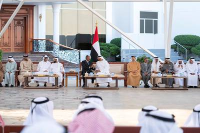 ABU DHABI, UNITED ARAB EMIRATES - December 23, 2019: HH Sheikh Mohamed bin Zayed Al Nahyan, Crown Prince of Abu Dhabi and Deputy Supreme Commander of the UAE Armed Forces (7th R) meets with HE Isaias Afwerki, President of Eritrea (8th R), during a Sea Palace barza. Seen with HE Humaid bin Saeed Al Neyadi, Deputy Director of the Office of the UAE Minister of Presidential Affairs (R), Humaid bin Dalmouch Al Dhaheri (2nd R), HE Lt General Hamad Thani Al Romaithi, Chief of Staff UAE Armed Forces (4th R), HH Sheikh Mansour bin Zayed Al Nahyan, UAE Deputy Prime Minister and Minister of Presidential Affairs (6th R), HH Sheikh Tahnoon bin Mohamed Al Nahyan, Ruler's Representative in Al Ain Region (9th R), HH Sheikh Saeed bin Zayed Al Nahyan, Abu Dhabi Ruler's Representative, (10th R), HH Sheikh Abdullah bin Rashid Al Mu'alla, Deputy Ruler of Umm Al Quwain (11th R) and HH Sheikh Eissa bin Zayed Al Nahyan (L).

( Mohamed Al Hammadi / Ministry of Presidential Affairs )
---