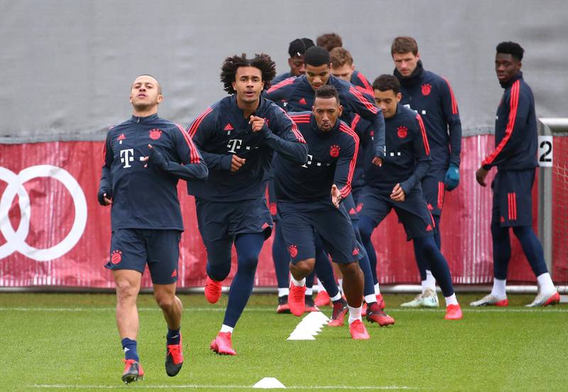 Bayern Munich's Joshua Zirkzee, Thiago and Jerome Boateng during training. Reuters