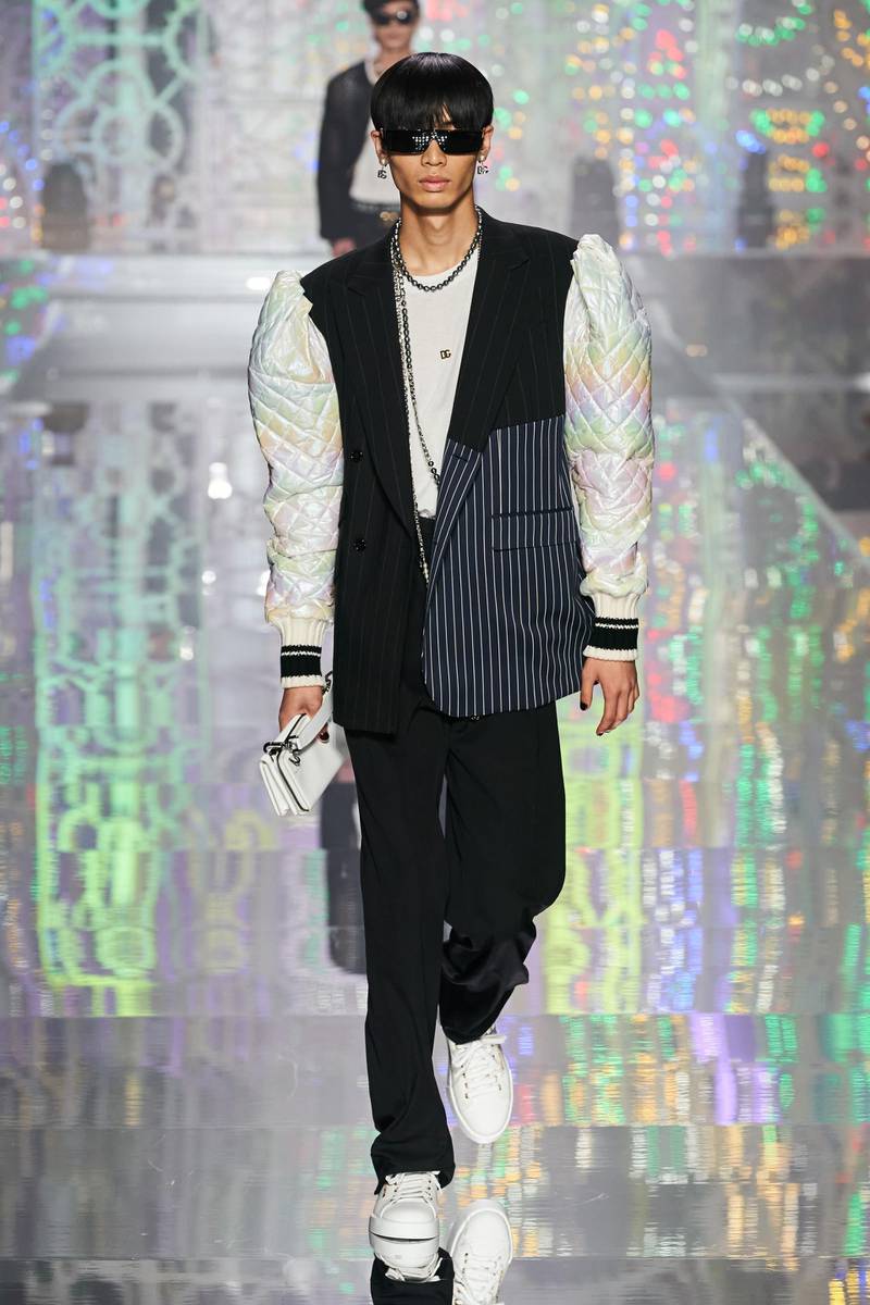 Dolce & Gabbana rework the spring / summer 2022 suit to have bomber-jacket sleeves. Courtesy Dolce & Gabbana
