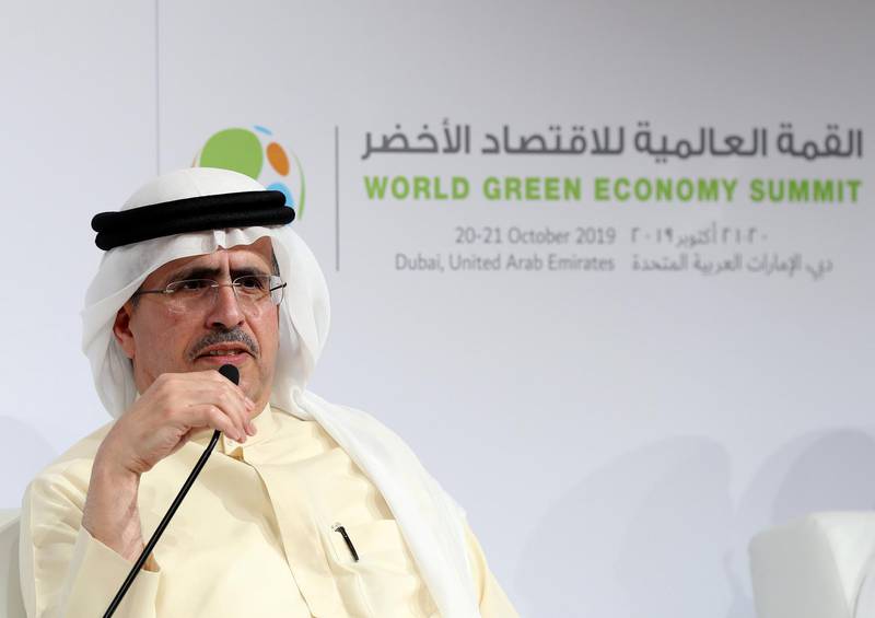Dubai, United Arab Emirates - October 09, 2019: Saeed Mohammed Al Tayer, Vice Chairman of the Dubai Supreme Council of Energy, MD & CEO of Dubai Electricity and Water Authority (DEWA). World Green Economy Summit press conference. Wednesday the 9th of October 2019. Madinat Jumeirah Conference & Events Centre, Dubai. Chris Whiteoak / The National