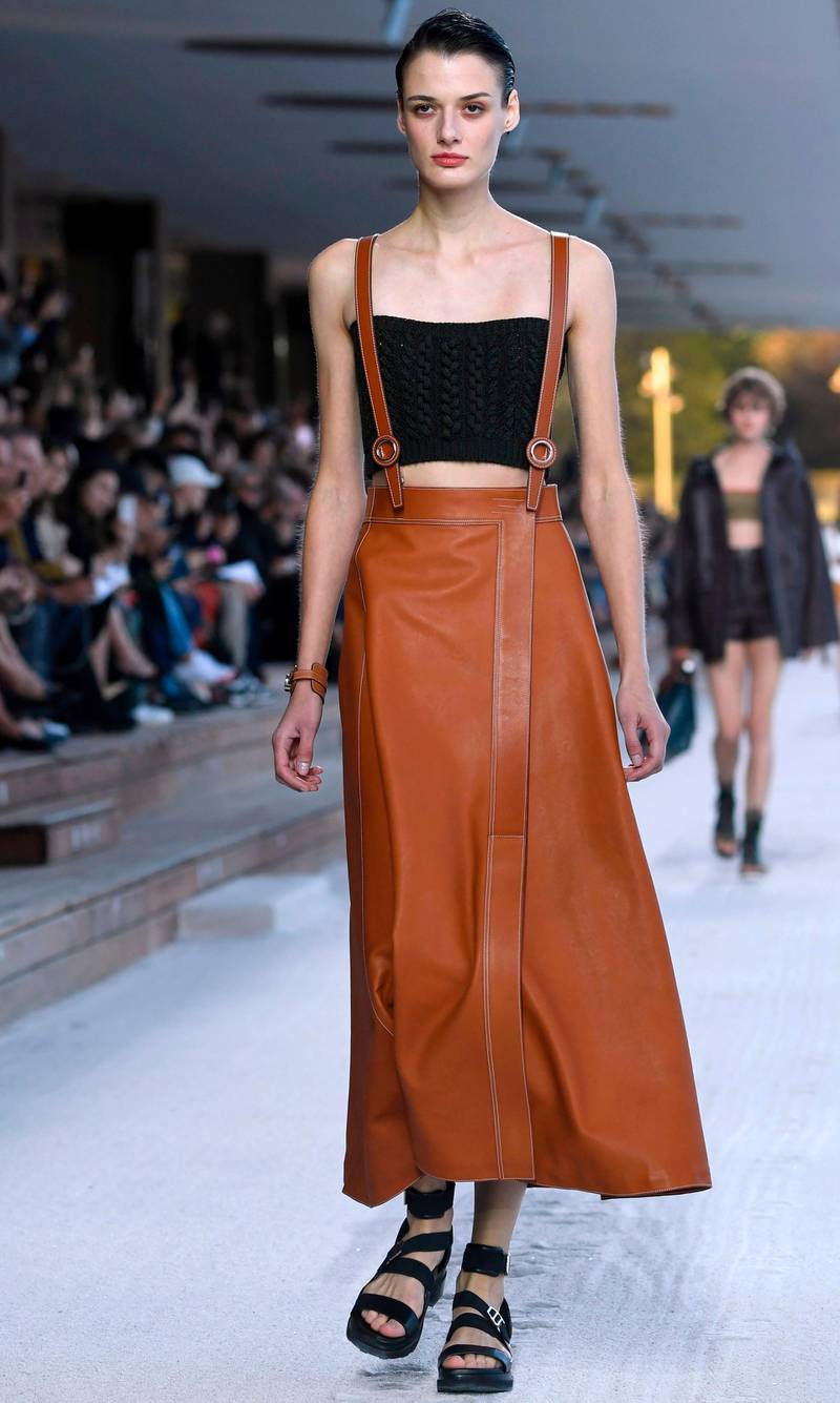 Ever practical, Hermes presents a leather apron skirt with a bandeau top. AFP