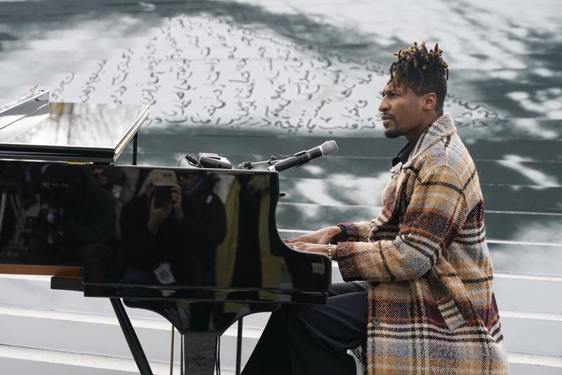 Musician Jon Batiste performs at the Eyes on Iran event, held at Franklin D Roosevelt Four Freedoms State Park on Roosevelt Island, New York City. AP