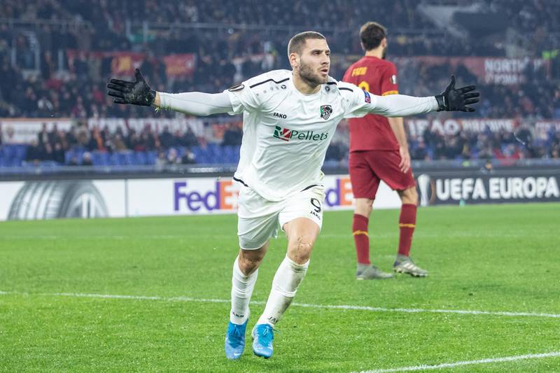 ROME, ITALY, DECEMBER 12, 2019:
Shon Weissman of Wolfsberger AC celebrates after scoring a goal during the UEFA Europa League Group J football match between AS Roma and Wolfsberger AC at the Stadio Olimpico Staduim.
Final score; AS Roma 2:2 Wolfsberger AC.- PHOTOGRAPH BY Cosimo Martemucci / Echoes Wire/ Barcroft Media (Photo credit should read Cosimo Martemucci / Echoes Wire / Barcroft Media via Getty Images)
