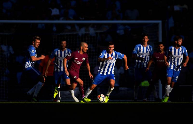 BRIGHTON, ENGLAND - AUGUST 12: David Silva of Manchester City in action during the Premier League match between Brighton and Hove Albion and Manchester City at the Amex Stadium on August 12, 2017 in Brighton, England.  (Photo by Mike Hewitt/Getty Images)