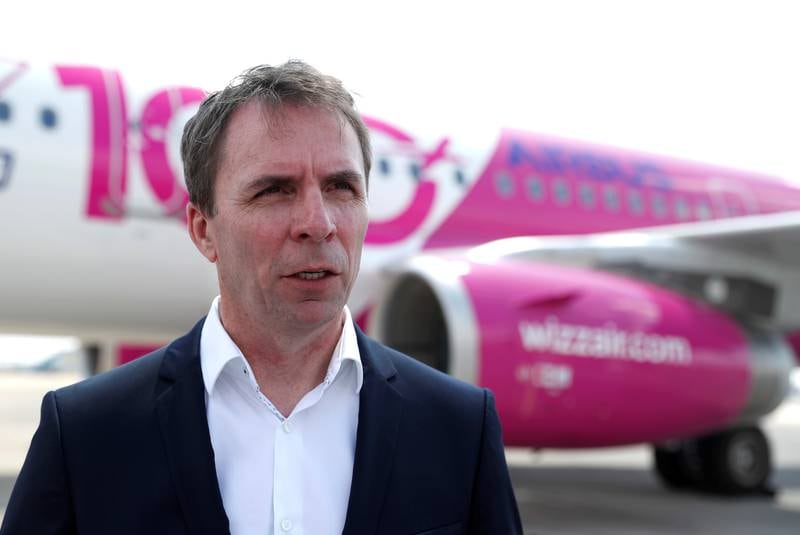 FILE PHOTO: CEO of Wizz Air, Jozsef Varadi speaks during the unveiling ceremony of the 100th plane of its fleet at Budapest Airport, Hungary, June 4, 2018. REUTERS/Bernadett Szabo/File Photo