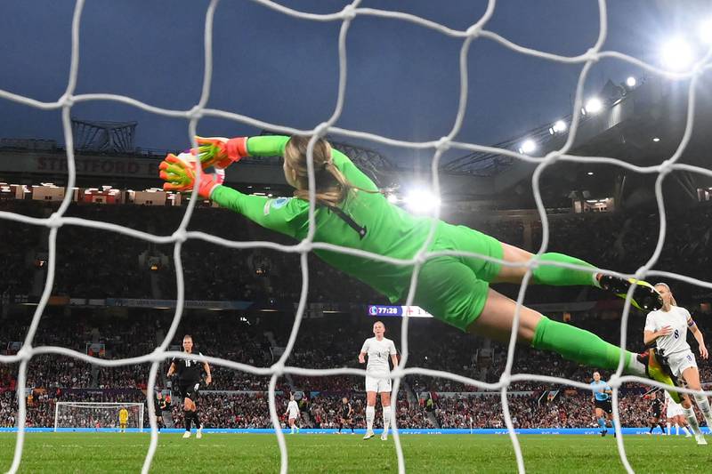 England goalkeeper Mary Earps makes a save during the Women's Euro 2022 Group A match between England and Austria. AFP