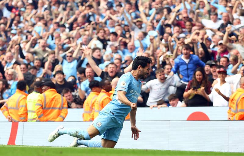 Manchester City's Ilkay Gundogan celebrates scoring their third goal. Reuters