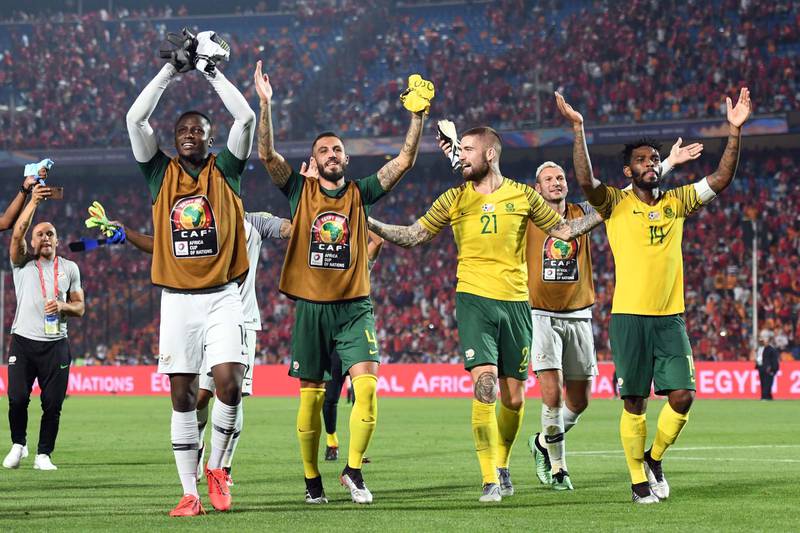 South Africa players celebrate after beating Egypt to reach the 2019 Afcon quarter-finals. Getty Images