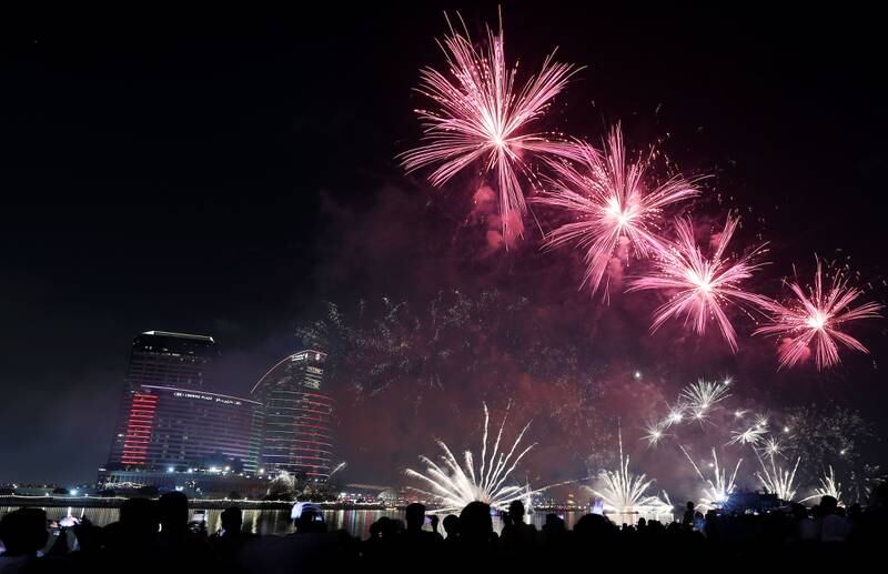 Fireworks go off for the UAE's 51st National Day at Festival Bay, Dubai. Chris Whiteoak / The National