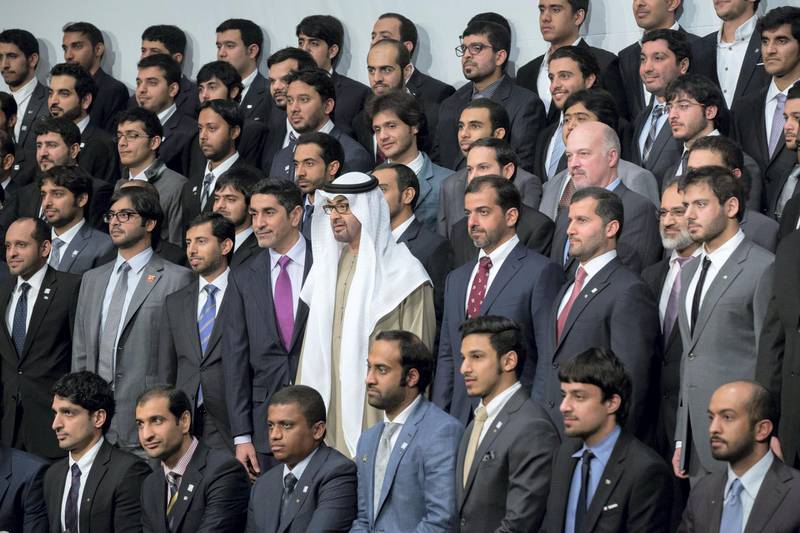 SEOUL, REPUBLIC OF KOREA (SOUTH KOREA) - February 27, 2014: HH General Sheikh Mohamed bin Zayed Al Nahyan Crown Prince of Abu Dhabi Deputy Supreme Commander of the UAE Armed Forces (second row 5th L), stands for a group photograph with a delegation from Emirates Nuclear Energy Corporation (ENEC), involved in an educational program in Korea. Seen with HH Sheikh Sultan bin Hamdan bin Zayed Al Nahyan (second row 2nd L), HE Suhail bin Mohammed Faraj Faris Al Mazrouei Minister of Energy (second row 3rd L), HE Abdullah Khalfan Al Romaithi UAE Ambassador to Korea (second row 4th L), HH Sheikh Hamed bin Zayed Al Nahyan Chairman of Crown Prince Court - Abu Dhabi and Executive Council Member (second row 6th L), HE Mohamed Al Hammadi CEO Emirates Nuclear Energy Corporation (ENEC) (second row 7th L), and others. 
( Ryan Carter / Crown Prince Court - Abu Dhabi )
---