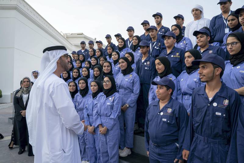 ABU DHABI, UNITED ARAB EMIRATES - August 06, 2019: HH Sheikh Mohamed bin Zayed Al Nahyan, Crown Prince of Abu Dhabi and Deputy Supreme Commander of the UAE Armed Forces (R), speaks with a group of Ministry of Education 'Giving Ambassadors', during a Sea Palace barza.

( Mohamed Al Hammadi / Ministry of Presidential Affairs )
---