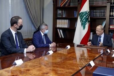 Lebanon's President Michel Aoun, right, and Finance Minister Youssef El Khalil, centre, meet a delegation from Alvarez & Marsal. Photo: Reuters