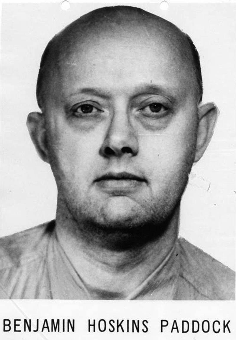 Benjamin Hoskins Paddock, father of Stephen Paddock.  The FBI wanted poster stated that Paddock's father was a serial bank robber who was 'diagnosed as psychopathic' and spent eight years on the FBI Most Wanted list after escaping prison.  EPA/FBI