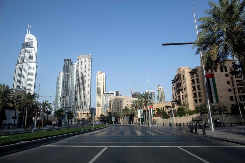 Authorities in Dubai announced intensified restrictions on the movement of people and vehicles during early April. Pictured, Downtown Dubai. EPA