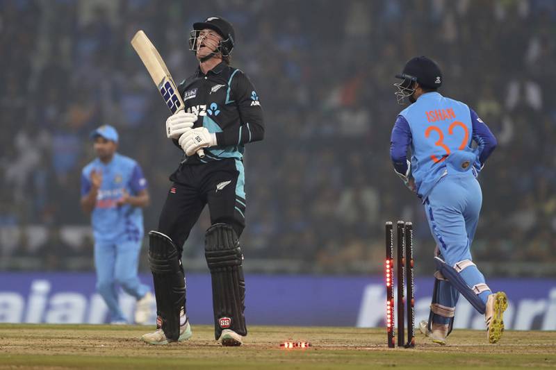New Zealand's Finn Allen after he was bowled by India's Yuzvendra Chahal during the second T20 in Lucknow on Sunday, January 29, 2023. AP